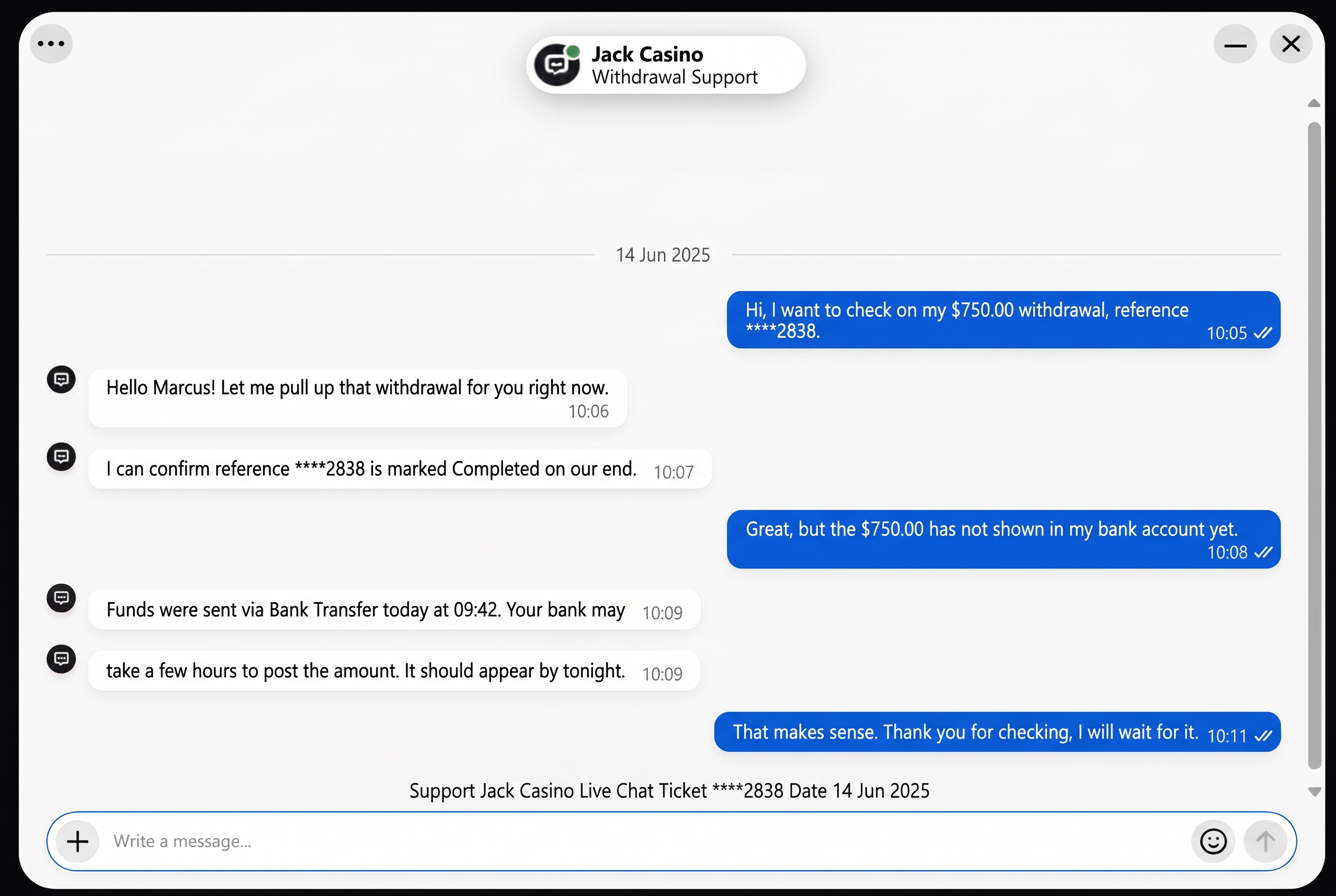 Customer support chat screenshot