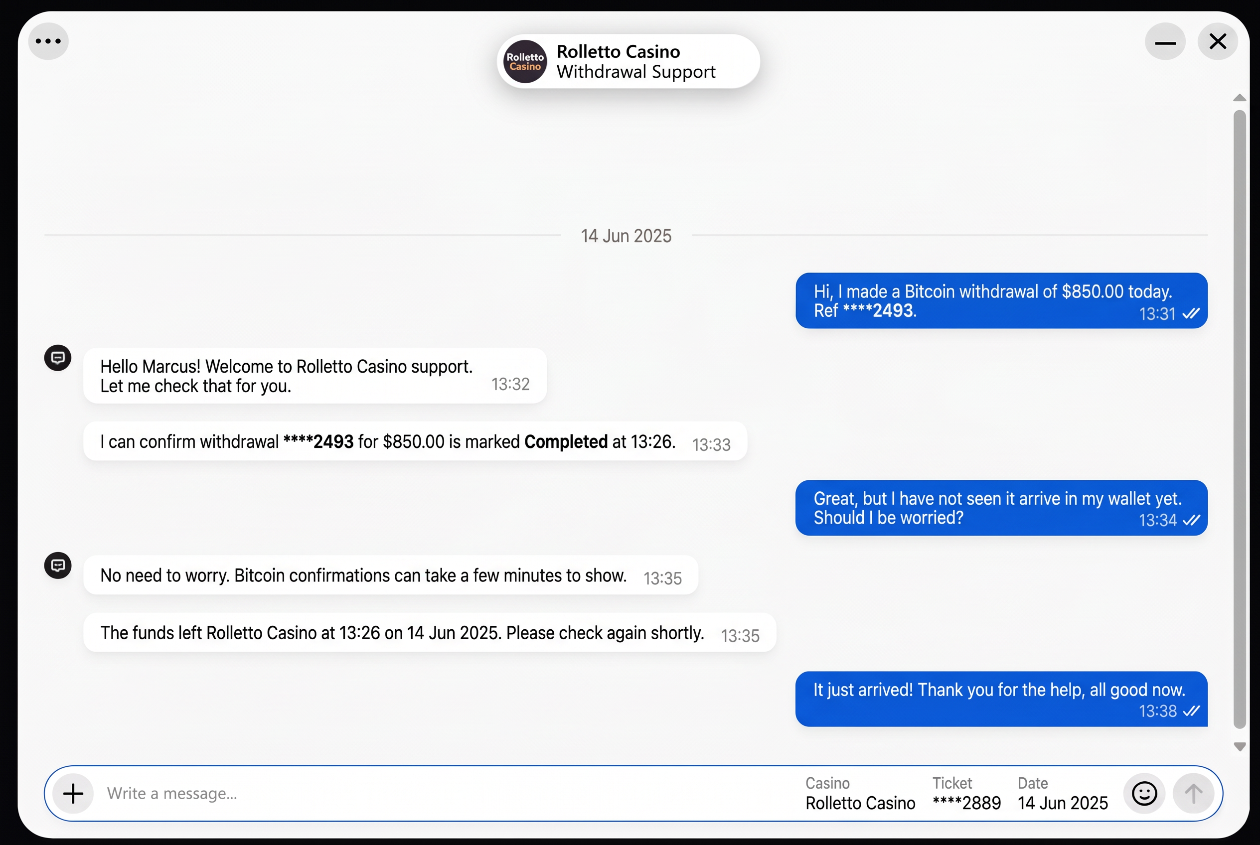 Customer support chat screenshot