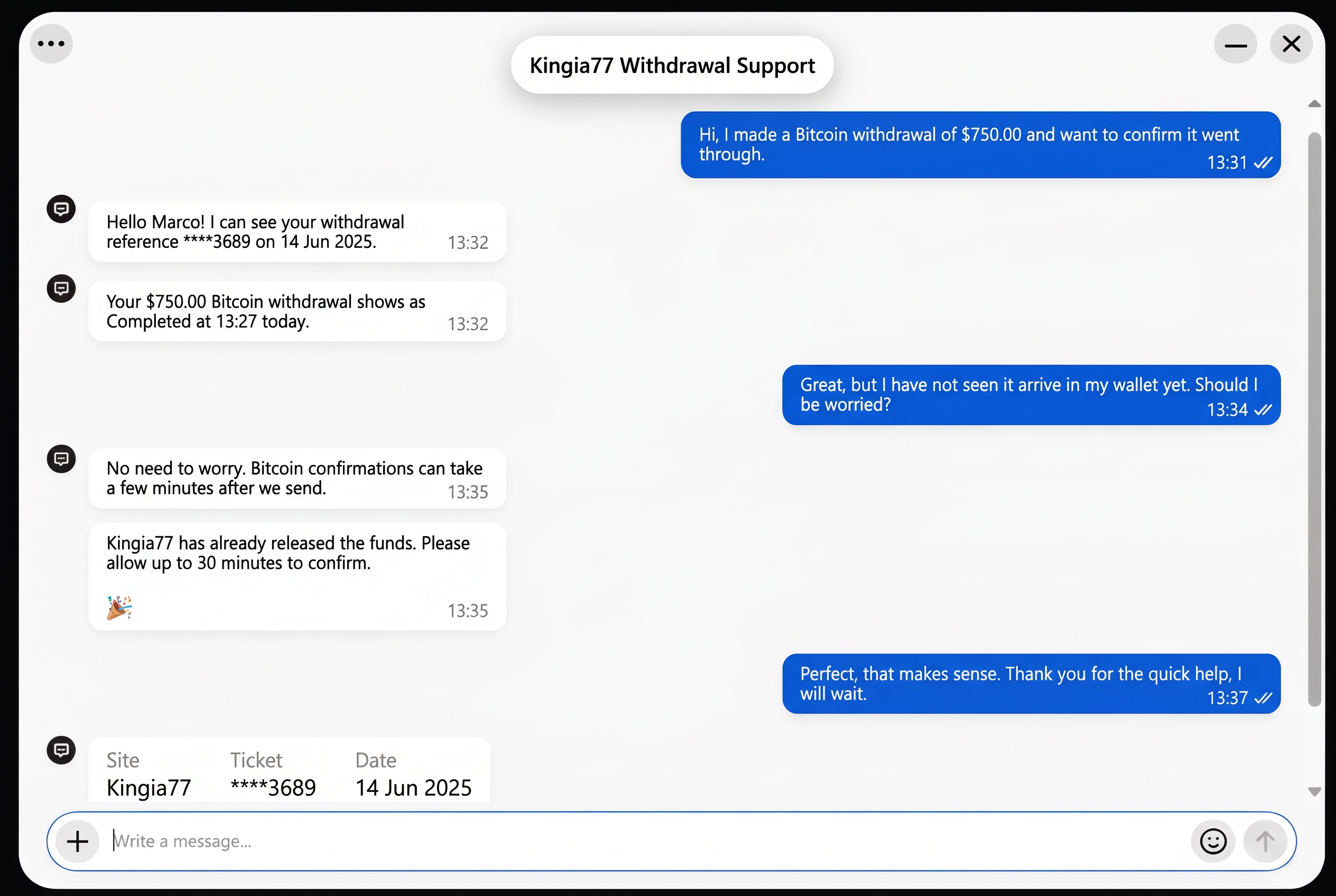 Customer support chat screenshot