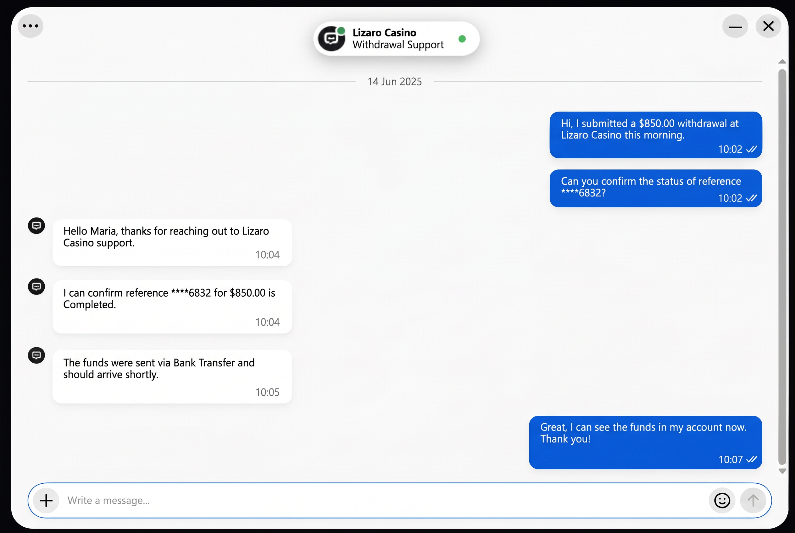 Customer support chat screenshot