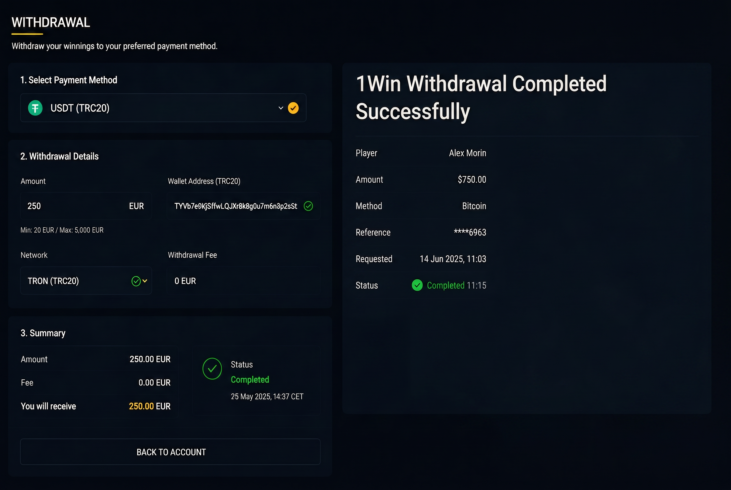 Withdrawal process screenshot